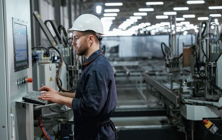 PLC system commissioning in a factory with engineers testing automation controls and industrial equipment
