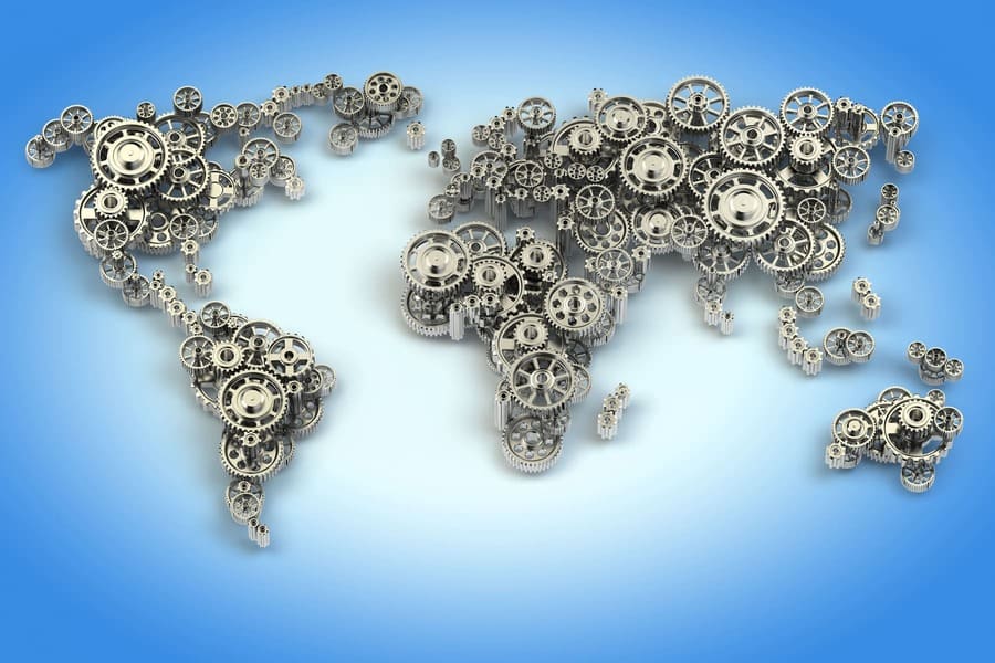 Global logistics network transporting precision machine components across international supply chains
