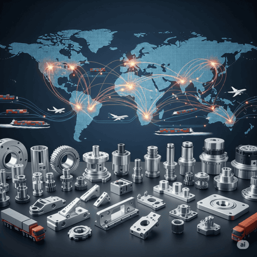 Global supply chain of precision machine parts with worldwide logistics, shipping, and air freight networks