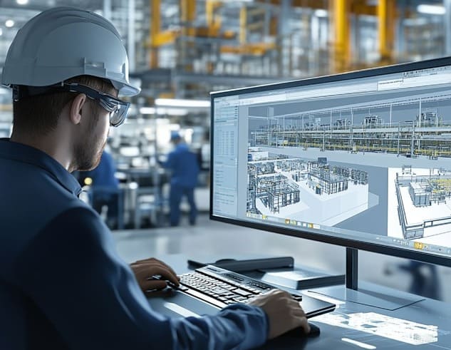 Manufacturing plant simulation displaying factory layout for workflow analysis and capacity optimization