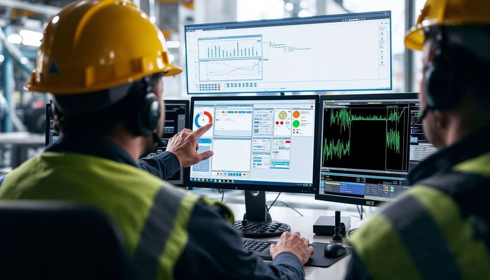 Predictive maintenance dashboard displaying real-time factory equipment health, alerts, and performance insights