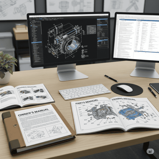 Engineering manual featuring machine parts, technical documentation, assembly instructions, and service information